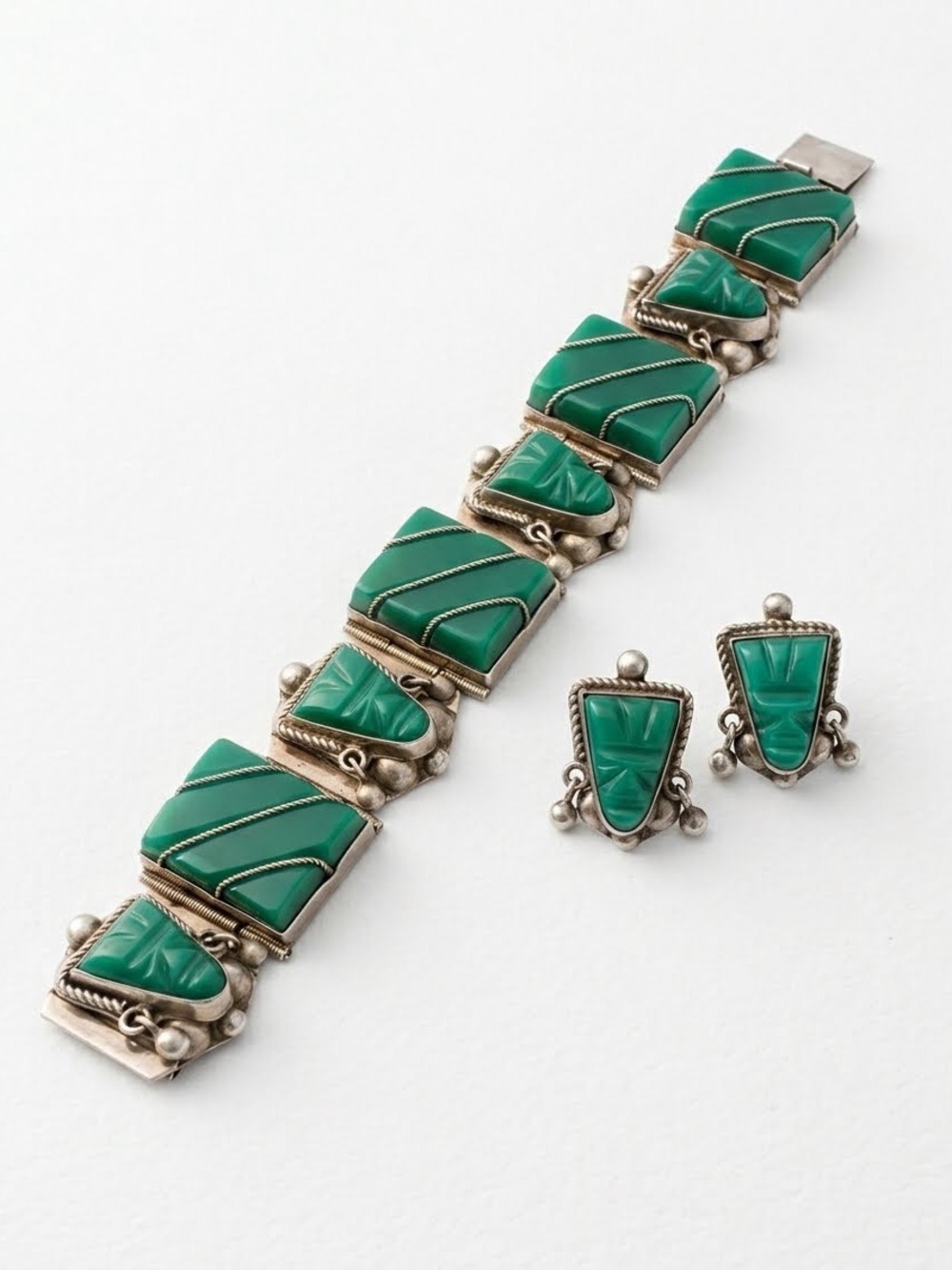 VTG 1940s Taxco Mexico Sterling Silver Green Onyx Mayan Mask Bracelet Earrings